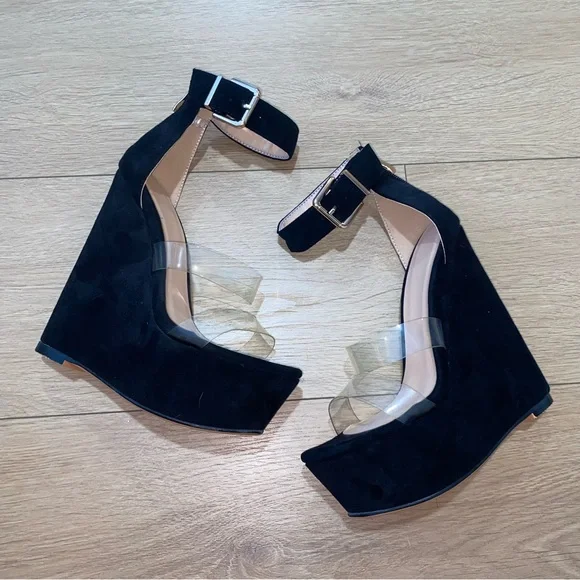 Suede Platform Black Wedge Sandals - Picture 5 of 10